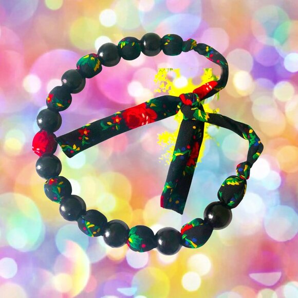 Boho Black Wooden Necklace Floral Fabric Covered Eco Friendly Handcrafted - Picture 3 of 4